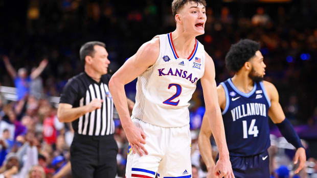 Apr 2, 2022; New Orleans, LA, USA; Kansas Jayhawks guard Christian Braun (2) reacts after making a three point basket against the Villanova Wildcats during the second half during the 2022 NCAA men's basketball tournament Final Four semifinals at Caesars Superdome. Mandatory Credit: Bob Donnan-USA TODAY Sports